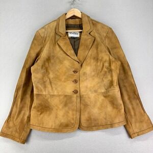 VTG Monterra Leather Jacket Womens XL Tan Brown Oversized Western 3‎ Button